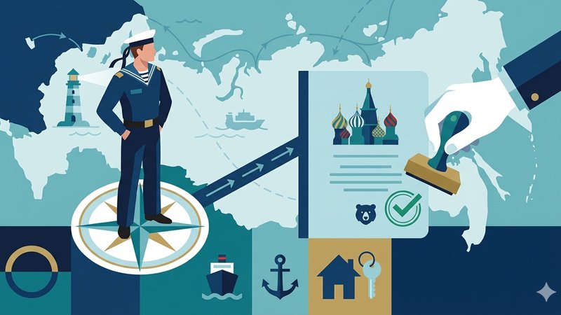 Современная иллюстрация для статьи о получении вида на жительство в России моряками.